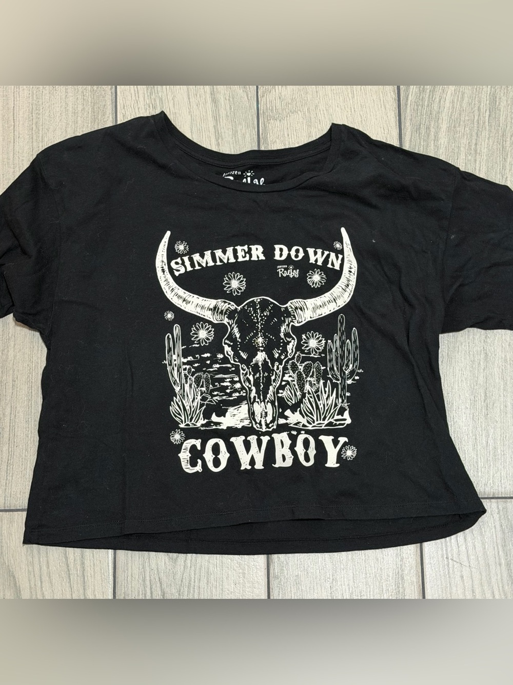 Western Black Graphic 'Simmer Down Cowboy' cropped Tee